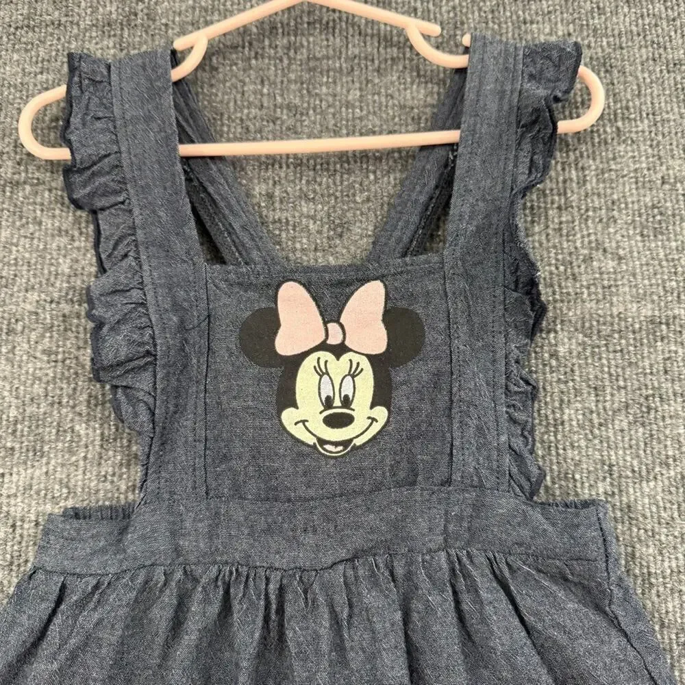 Disney Minnie Mouse Pinafore Apron Dress Size 4T Blue Chambray Ruffle Jumper